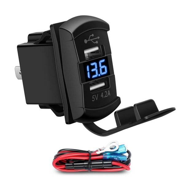 CNAODUN 4.2A USB Rocker Switch Dual USB Charger Socket with Waterproof Cover Blue Led Voltmeter for Rocker Type Marine Switch Panel On Marine Rv Vehicles…