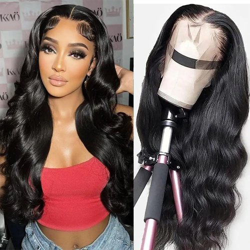 BASEMMAHER Lace Front Wigs Human Hair Pre Plucked Glueless 25inch Body Wave Frontal Wigs Natural Black Artificial High-Density Emulation Black HD Transparent Lace Wigs for Women Girls