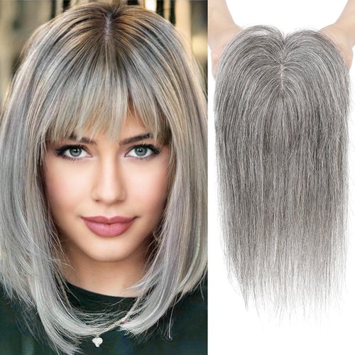 REECHO Hair Toppers for Women Real Human Hair, Hair Toppers with Bangs, Topper Hair Pieces for Women with Thinning Hair, Clip In Hair Topper Top Hair Extensions 10 Inch - Light Grey