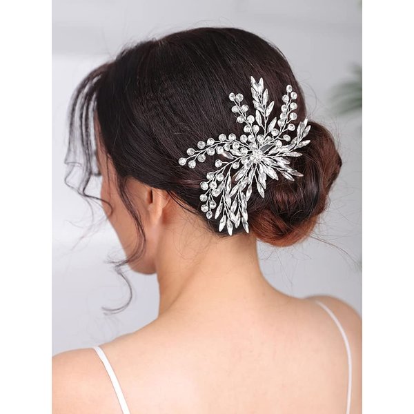 Rumtock Silver Rhinestones Crystal Beads Hair Clip for Women Girls Wedding Bridal Branch Hair Piece Handmade Hair Accessories (Silver)