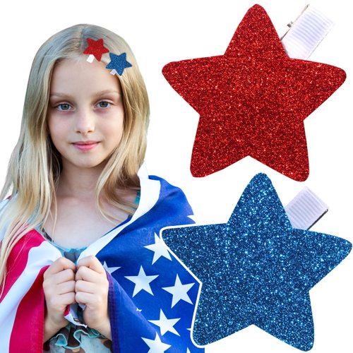 4th of July Patriotic Hair Clip Independence Day Girl Hair Clips Glitter Sparkly Red Blue Star Hairpin Parade Party Hair Decorations for Baby Girls Children Women 2Pcs