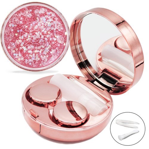 Vastsoon Contact Lens Case, Cute Travel Size Eye Colored Contacts Lenses Applicator Remover Tool Kit with Mirror Solution Bottle for Daily Outdoor (Rose Gold)