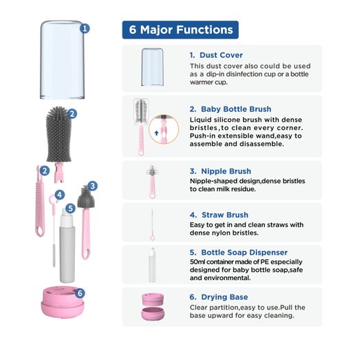 YOTIME Baby Bottle Brush, Travel Bottle Cleaner Kit with Extendable Silicone Bottle Brush, Nipple Cleaner Brush, Straw Brush, Soap Dispenser, Dust Cap and Stand, Pink