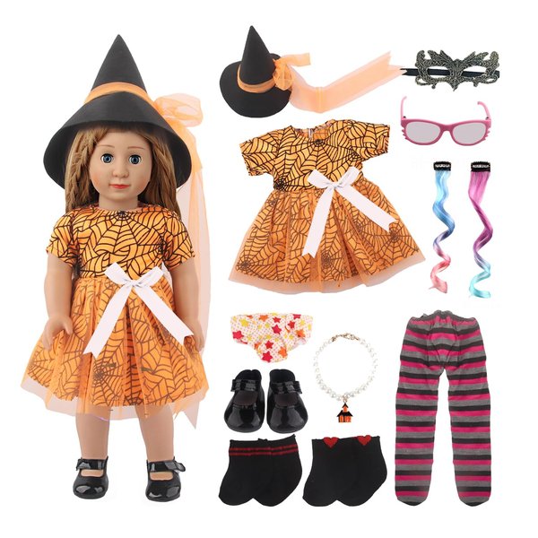 MSYO Doll Halloween Costume Set, Doll Clothes for 18 inch Doll,15pcs Set Doll Toys(Orange Set) Witch Cosplay Costume Doll Clothes