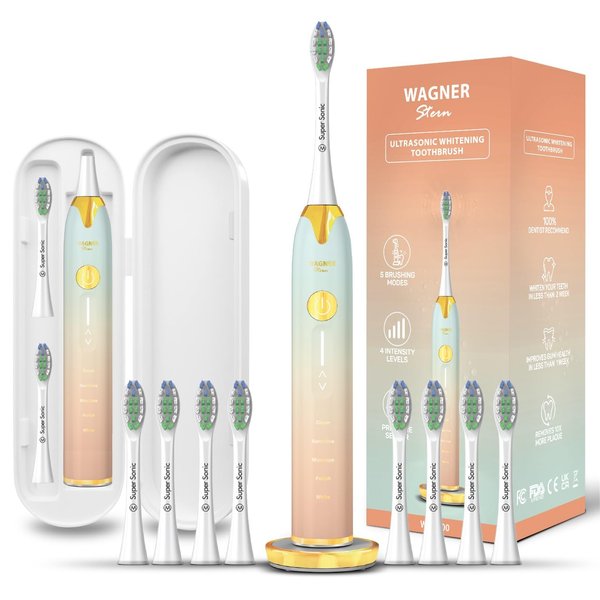 Wagner Stern Ultrasonic Toothbrush with Pressure Sensor, Peach/Blue, Battery Powered, Unisex-Adults