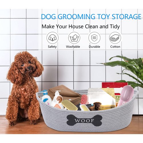 Morezi Dog toy baskets pet toy basket storage in small shallow stuff bin - Perfect for collect puppy toys, cat toy, grooming stuff, diapers, bed, for Bathroom, Playroom, Closet, Home - Grey