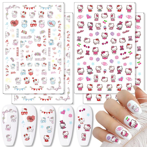 Cute Nail Art Stickers Decals Cartoon Nail Decals 3D Self Adhesive Nail Art Supplies Cute Cat Nail Stickers for Women Girls Cute Cartoon Nail Decoration Charms 4 Sheets Designer Nail Stickers