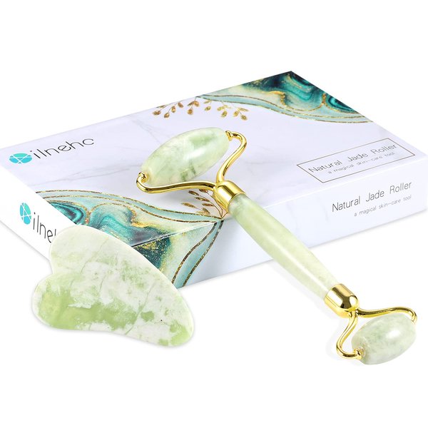 Jade Roller for Face and Gua Sha Set - Facial Skin Roller Massager Tool-100% Real Jade Stone