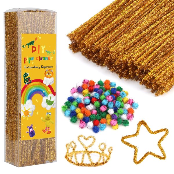 Iuuidu Pipe Cleaners Chenille Stem, 300PCS Glitter Pipe Cleaners Craft Supplies, Fuzzy Sticks Pipe Cleaner Brush with 100PCS Glitter Pom Poms for DIY Art Creative Craft Decorations (Golden)