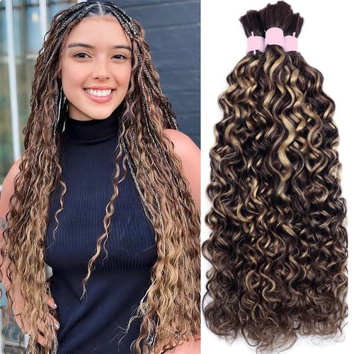 Lucasar Water Bulk Human Hair for Braiding 100g (One Bundle/Pack) No Weft 100% Unprocessed Brazilian Virgin Human Hair Extensions Micro Braiding Human Hair Wet and Wavy (20 inch, P4/27)