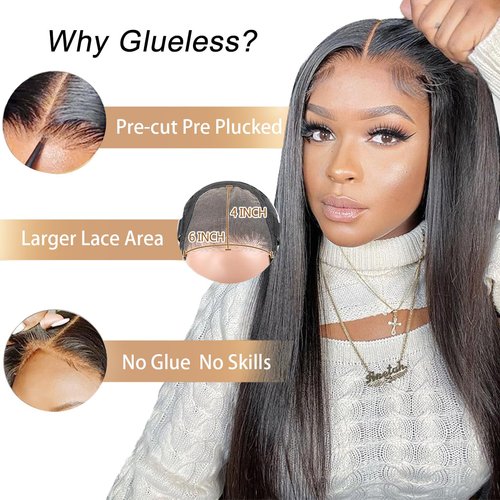 Wear and Go Glueless Wigs Human Hair Pre Plucked Pre Cut 6x4 Straight Lace Front Wigs Human Hair Wigs for Women No Glue Hd Lace Front Closure Ready to Wear Wigs 180% Density 28 Inch Natural Black