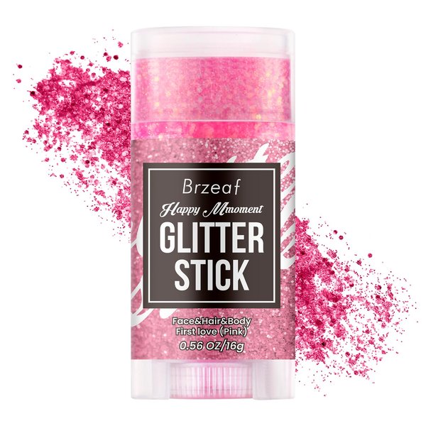 Brzeaf Waterproof Pink Glitter Stick, Shimmery & Long Lasting, Chunky Glitter for Face/Body/Hair/Eyes/Lip, Singer Concert Music Rave Festival, Glitter Stick Makeup & Face Glitter Gel for Women Men