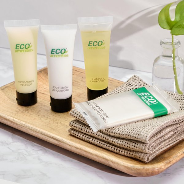 Eco Amenities - Set of 4 Bar Soaps, Shampoo, Conditioner, Body Lotion (1 oz 100 Piece Set - 25 Bar Soaps, 25 Shampoo, 25 Conditioner, 25 Body Lotion)