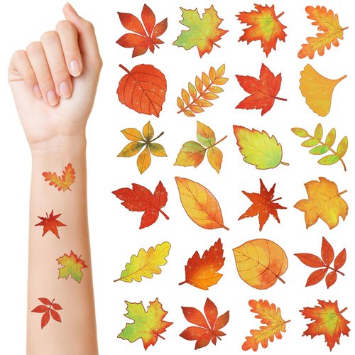 Landhoow 240 Pcs Fall Glitter Temporary Tattoos Fall Leaves Glitter Tattoos Glitter Maple Leaves Elm Leaves Fall Seasonal Face Temporary Tattoos Sticker for Autumn Themed Party Body Face Supply