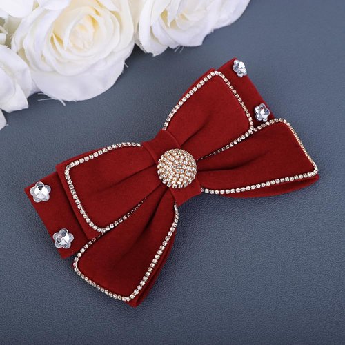 Wiwpar Rhinestone Red Velvet Bow Hair Clip Non-Slip Bowknot Hairpin Clips French Barrettes Hair Clips Ponytail Holder Christmas Prom Hair Accessories for Women Girls Kids Teens Birthday Gifts (Red)