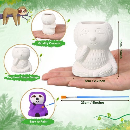 Pasimy 6 Set DIY Ceramic Succulent Planter Pots Paint Your Own Flower Pots Craft Kit Unpainted Bisque Paintable Flowerpots with Paints Brush Palette Ready to Paint for Family Activity Gift(Sloth)