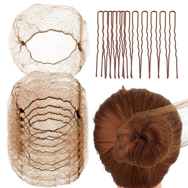 Abeillo Ballet Hair Net Hairnets for Dance Buns, 20 Pcs 50 Cm Individual Package Invisible Hair Nets and 40 Pcs U Shaped Hair Pins Set for Women, Girls, Ballet Bun Maker Dance(Brown)