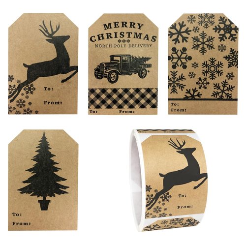 Natural Kraft Holiday Gift Tag Stickers – 2 x 3 Inch Labels, Set of 25 – 4 Unique Festive Designs for Christmas Wrapping, Eco-Friendly, Made in The USA