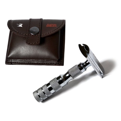 CS-205 Classic Samurai Travel Double Edge Safety Razor Chrome Plated with Free Leather Case