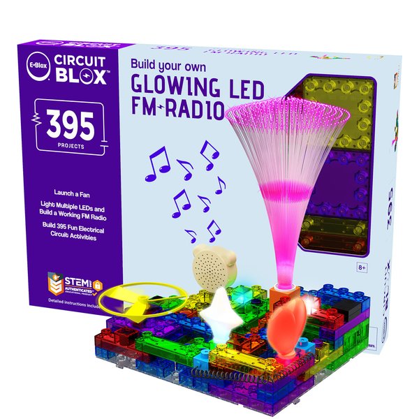 E-BLOX Build Your Own Glowing LED FM Radio Kit, 395 Fun STEM Electrical Science Projects, Building Blocks Circuit Toy Set for Kids, Birthday Gift, Boys, Girls, 8+