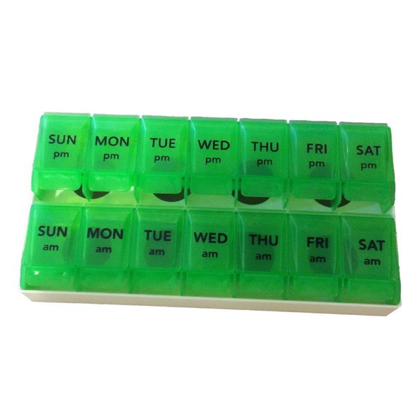 Apex 7- Day Push to Open Pill Organizer, 1x Per Day or AM/PM (AM/PM with Tray, Green)
