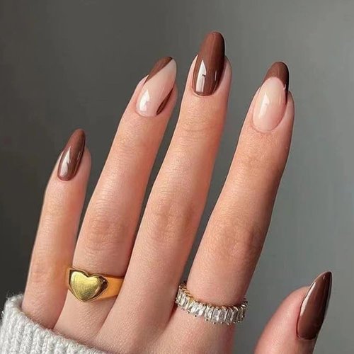 ANDGING Brown Press on Nails Almond French Tip Fake Nails with Glue Acrylic Glue on Nails with Designs ombre Natural Manicure False Nail for Women Gel Stick ons Nails for Wedding Birthday KDLA88