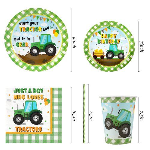 Tractor Party Supplies Decorations, Disposable Kids Birthday Paper Plates and Napkins Set with Cups and Straws for 24 Guests, 120 Pcs Party Dessert Dinnerware