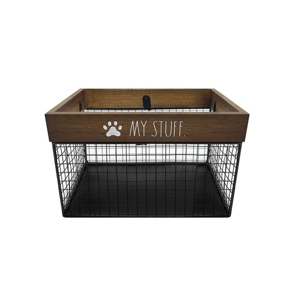 Rae Dunn Pet Toy Storage Bin - Metal and Wood Organizer for Dog Toys, Treats, Leashes - Cat Toy Basket Container - Dark Wood