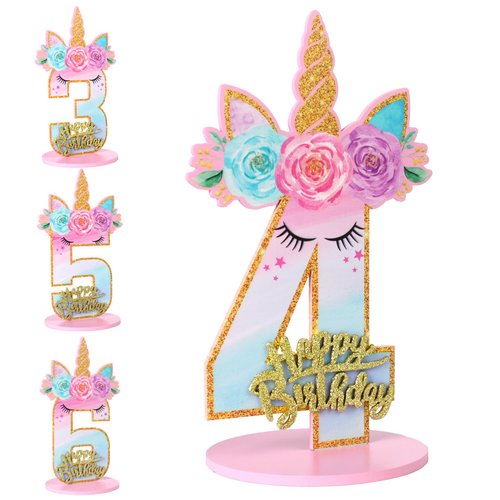 Unicorn 3/4/5/6th Birthday Number Sign Centerpiece for Girls 11.8 Inch Unicorn Number Wooden Table Decoration Unicorn Party Supplies for Kids Birthday Anniversary (Number 4)