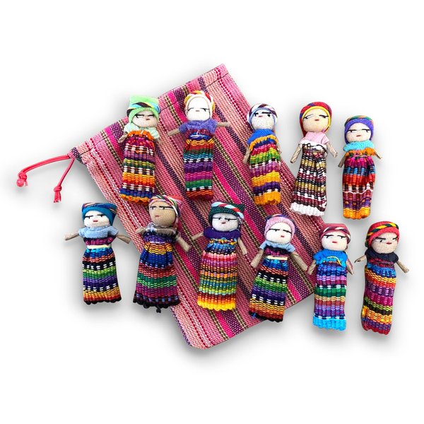 Thorness Set of 11 Guatemalan Handmade Worry Doll with a Colourful Crafted Storage Bag | Worry Dolls for Girls | Worry Dolls for Boys | Anxiety Dolls | Worry Doll | Guatamalan Doll