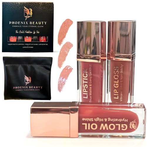 Phoenix Beauty Lip Trio Set: Smudge-Proof Matte Lipstick, Shiny Lip Gloss & Hydrating Lip Oil; 5 Vibrant Shades; Stylish Black Pouch; Jojoba Oil + Vitamin E; Premium Lipstick Set (Peach Sorbet)