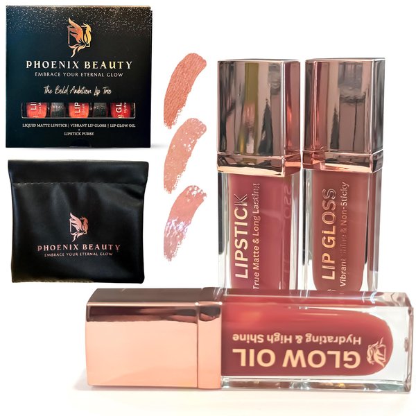 Phoenix Beauty Lip Trio Set: Smudge-Proof Matte Lipstick, Shiny Lip Gloss & Hydrating Lip Oil; 5 Vibrant Shades; Stylish Black Pouch; Jojoba Oil + Vitamin E; Premium Lipstick Set (Peach Sorbet)