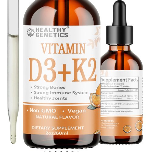 Healthy Genetics Liquid Vitamin D3 K2 Plus Vitamin K2 MK-7 | 5000IU Vitamin D Liquid Drops | Bones | Immune | Heart Health | Boost Energy 2oz