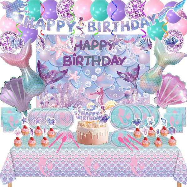 154 Pcs Mermaid Birthday Party Supplies - Mermaid Party Decorations Included Backdrop, Banner, Tablecloth, Hanging Swirls, Cupcake Toppers, Tableware, Paper Towel, Aluminium balloon, Latex Balloons