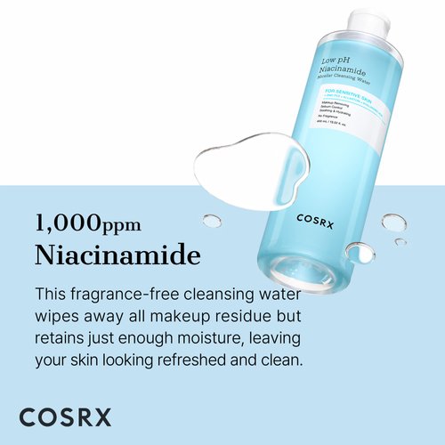 COSRX Low pH Niacinamide Micellar Cleansing Water 13.52 fl.oz/400 ml, Face Makeup Remover for Sensitive Skin, Gentle Daily Cleanser, Paraben Free, Sebum Control, Not Tested on Animals, Korean Skincare