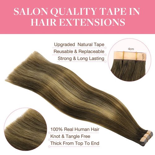GOO GOO Tape in Hair Extensions Chocolate Brown to Caramel Blonde Real Human Hair Extensions Seamless Straight Human Hair Extensions 50g 20pcs 14inch