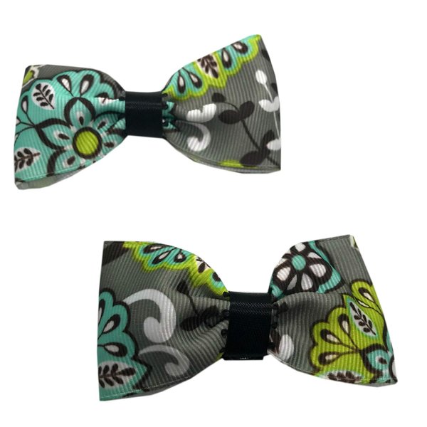 Handmade Teal and Black Floral Girls Hair Bow Set, Little Girl Bows, Pigtail Hair Bows, Toddler Hair Bows,
