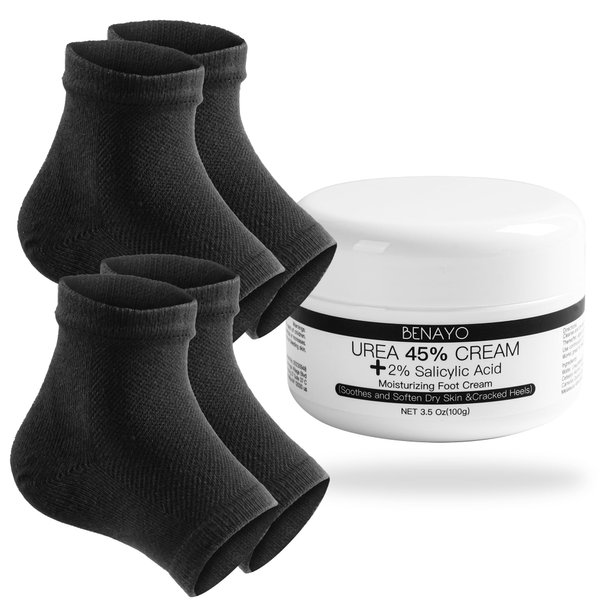 Moisturizing Foot kit for Women Gifts,Urea Cream 45% Plus Salicylic Acid 2% Foot Cream, Reusable 2Pairs Gel Lining Moisturizing Heel Socks for Dry Cracked Feet,Cracked Heel Repair.(Black)