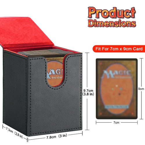 Xuanbeier Card Deck Box for Trading Cards,Card Storage Box Fits 120+ Single Sleeved Cards, PU Leather Strong Magnet Card Deck Case Holder for Magic Commander TCG CCG (Black-RED)