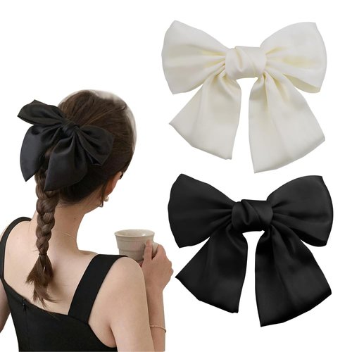 Satin Layer Hair Bows Black White Hair Bow Clips for Women Girls Ribbon Tassel Hair Bow Clip Black Hair Accessories for Teen Girls Coquette Hair Barrettes 2pcs Bow Hair Clips Women White