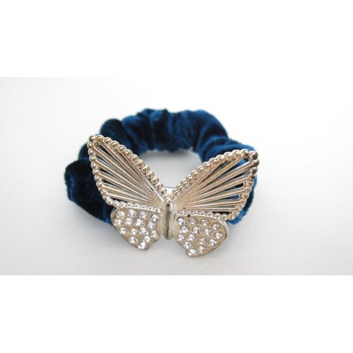 Butterfly blue gray teal hair tie pony tail holder scrunchie with crystals (Primary color: Blue)