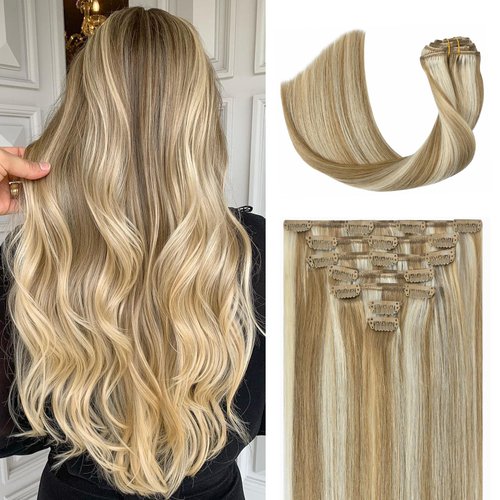 Ukira Blonde Hair Extensions Clip in Real Human Hair, 15 Inch 70g 7pcs Ash Blonde Highlighted Bleach Blonde, Ntural Straight Seamless Clip in Hair Extensions Blonde Hair Extensions