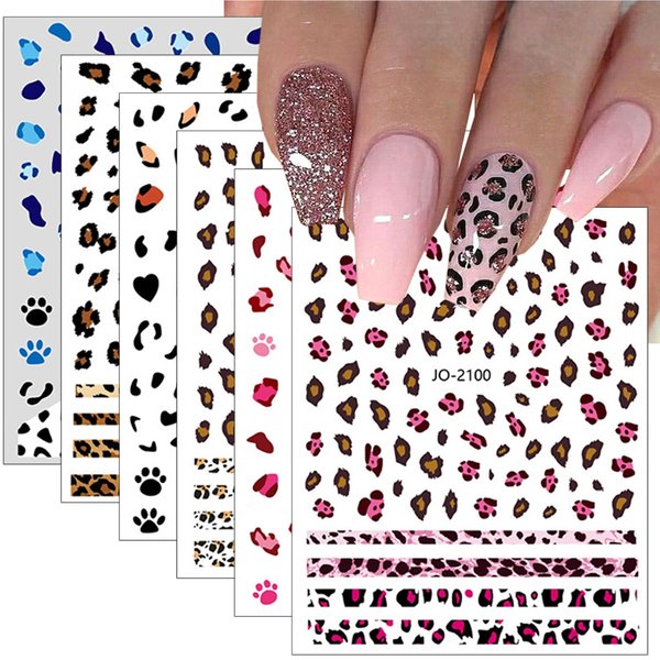 Leopard Nail Stickers for Nail Art,6Sheets Self-Adhesive Leopard French Nail Decals for Designer DIY Nail Art Supplies Pink Blue Brown Leopard Design 3D Nail Art Stickers for Women Girls Manicure Tips