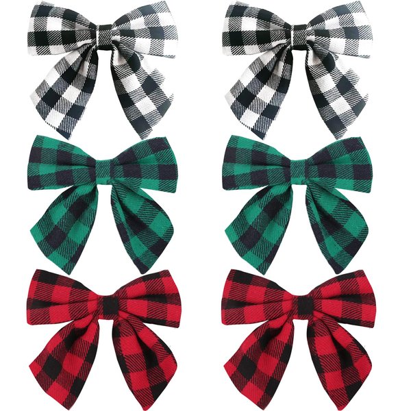 6pcs Christmas Hair Bow Clips for Girls,4Inch Buffalo Plaid Barrettes Accessories with Alligator Hairpins Gifts for Womens Kids Toddlers Teens(Green, Red and White Plaid)