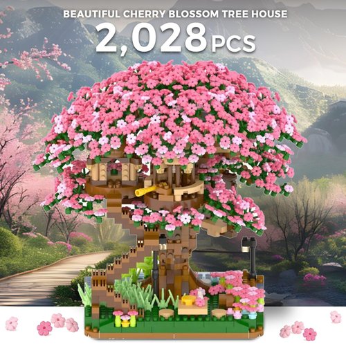 Peach Blossom Pond Micro Building Blocks Set Toys for Kids and Adults, Mini Cherry Bonsai Tree House with LED String Lights DIY Japanese Sakura Street Model Chinese Bricks Architecture Kit Teens Gift