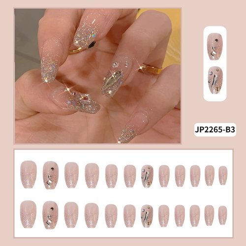 24Pcs Medium, 3D Rhinestones Coffin Fake Nails with Designs, Glossy Ballerina Acrylic Nails Press on, Sparkly Glitter Artificial Glue on False Nails with Glue for Women Girls