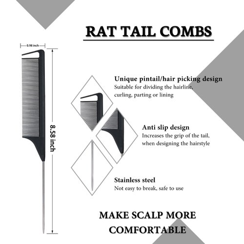 5 Pieces Hair Styling Comb Set Black - Edge Control Brush, 3 Row Teasing Brush, Rat Tail Comb, 3pcs Alligator Clip for Edge Back Brushing Slicking Combing - Women Girls Stylist Baby Beauty Accessories