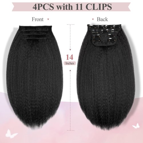 Quantum Love Kinky Straight Clips in Hair Extensions Full Head Yaki Straight Clip Ins for Black Women 14 Inches 4 Pieces Kinky Straight Synthetic Hair Extension