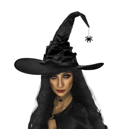 XGOPTS Halloween Women Witch Hat Black Ruched Crooked Wicked Witch Hat Devil Spider Wizard Hat for Costume Cosplay Party