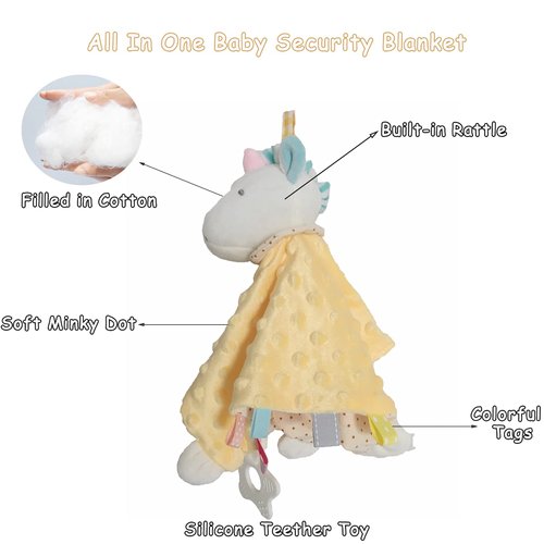 Yellow Unicorn Security Blanket with Tags Lovey Teether Toys Infant Stuffed Animal Taggy Blanket Soft Plush Minky Dot Baby Snuggle Blanket with Rattle Crinkle, Shower Gift for Newborn Infant